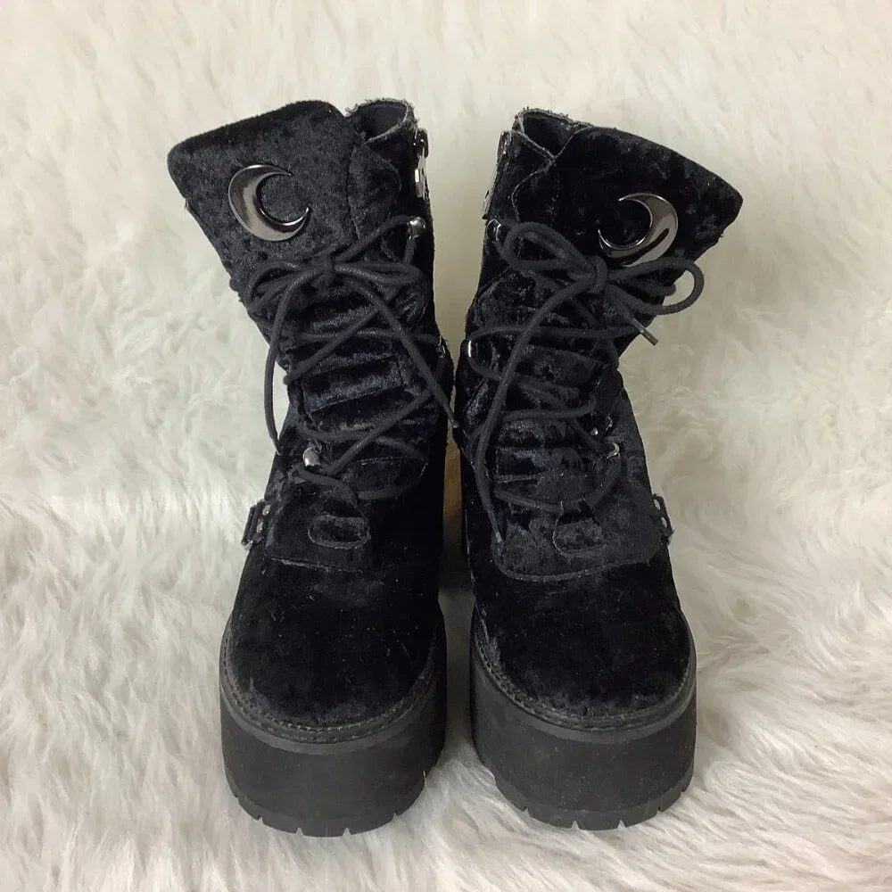 Killstar Black Velvet Broom Rider Platform Boots EU 41 US 10 - Picture 2 of 9